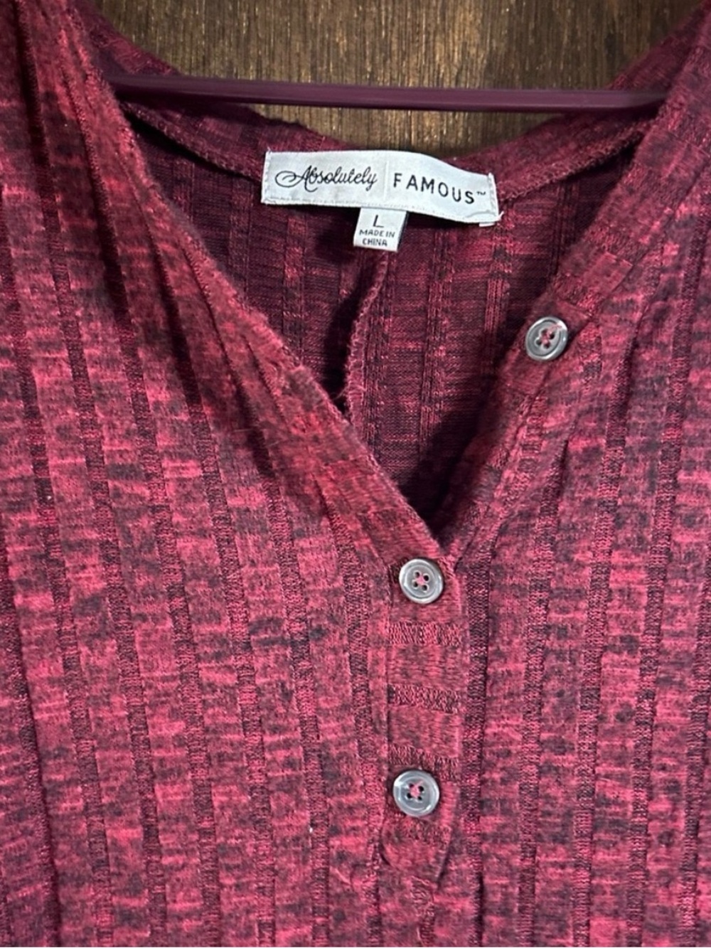 Absolutely Famous Ribbed Henley Top in Wine Heather L